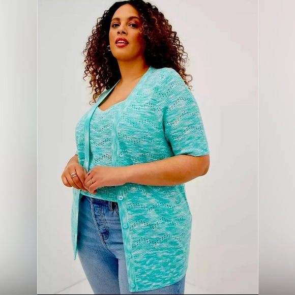 Torrid Size 3 (3X) SHORT SLEEVE CARDIGAN SWEATER - LIGHT BLUE, button up - Picture 1 of 8